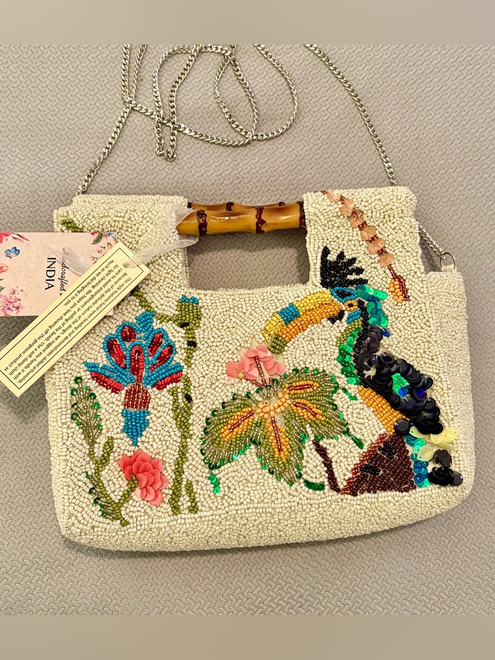 Made in India beaded tropical bird bag
